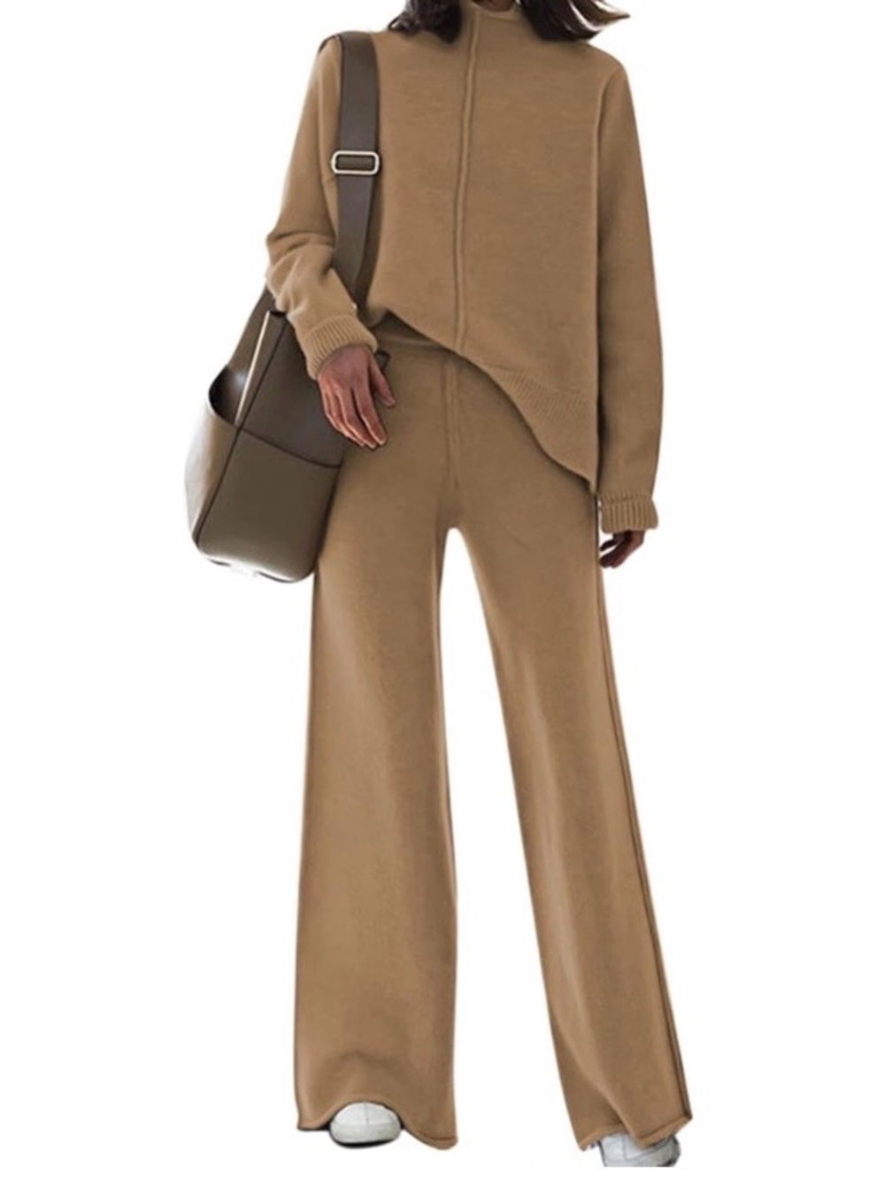 Wide Leg Knit Set (Sweater and Pants) in Camel Brown